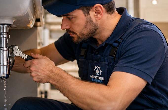 Instalator reparând o scurgere sub chiuvetă
